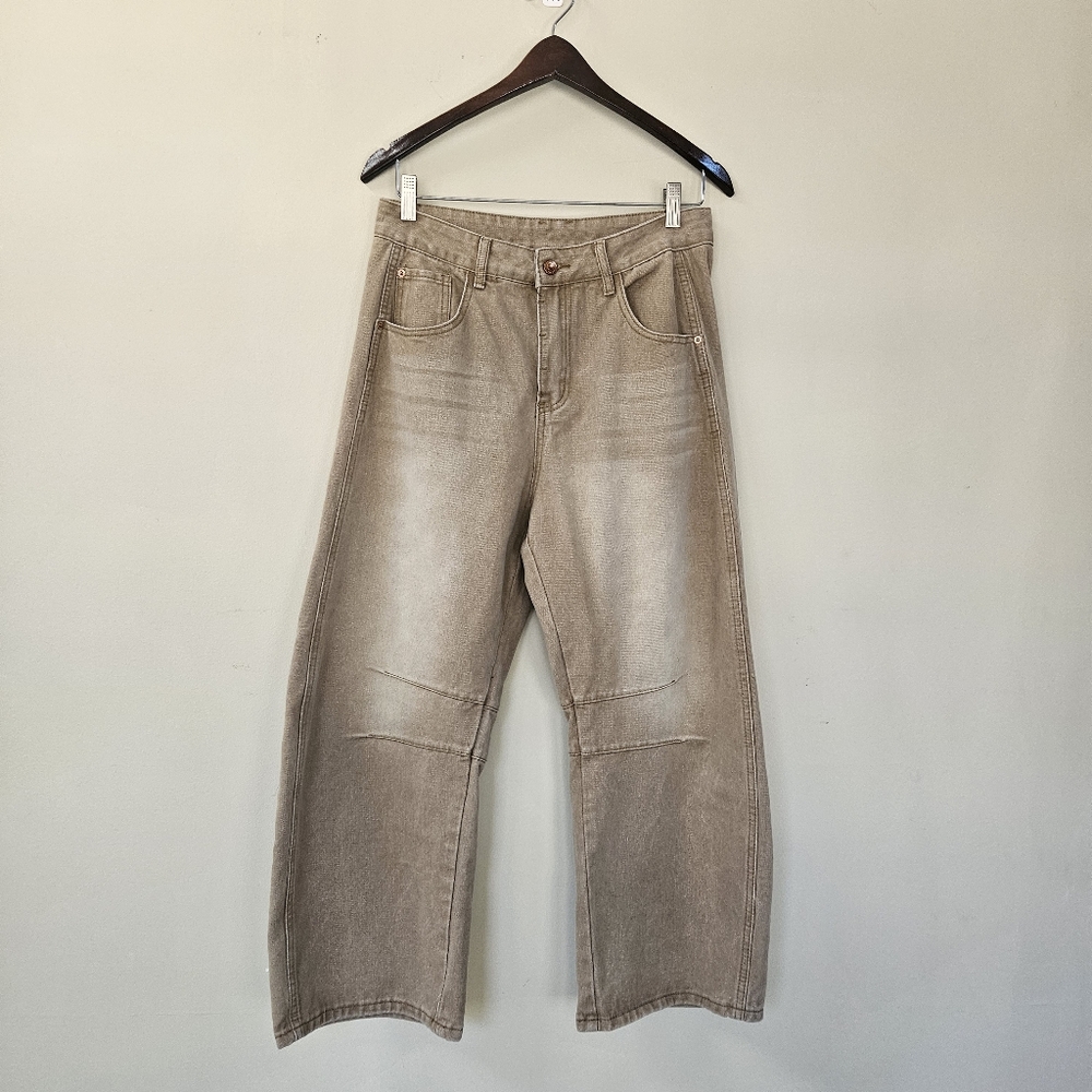 Faded Crazy Y2K Skater Style Baggy Wide Leg Denim Jeans Tan Cream Unbranded